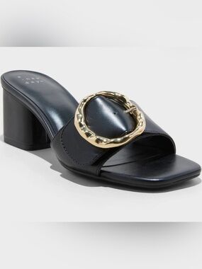 A New Day Black Buckle Mule Heels Gold Hardware Women’s Size 11